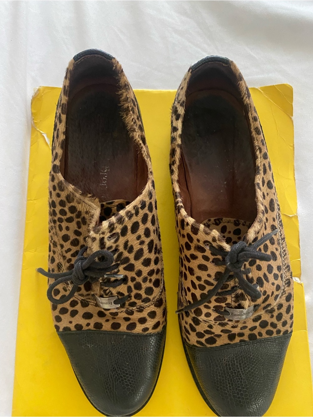Russell &Brombley Leopard Print and leather Lace-Up Women's Flats with Black Toe